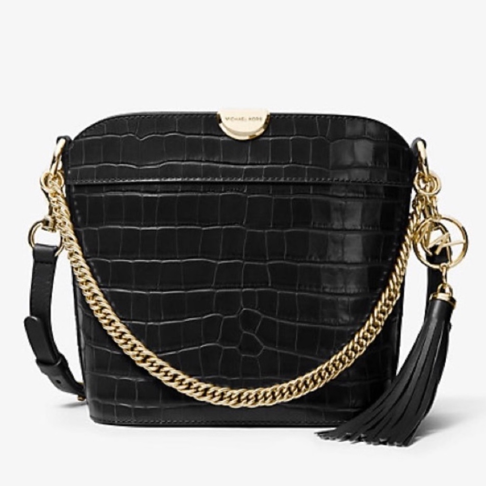 NWT Michael Kors Bea Medium Black Crocodile-Embossed Leather Bucket Shoulder Bag